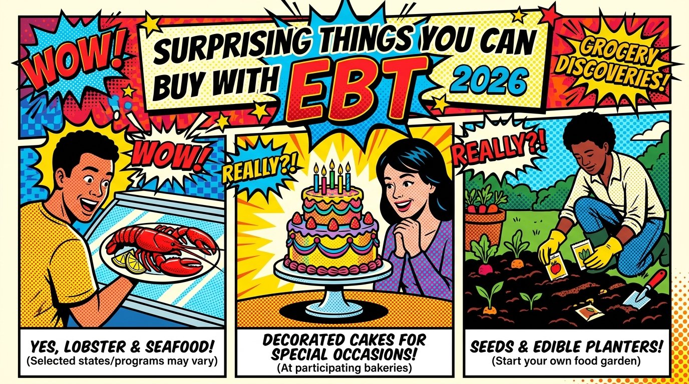 Surprising things you can buy with EBT 2026 infographic showing lobster, cake, and seeds